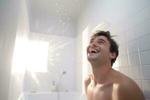 sorridente homem levando uma chuveiro dentro uma branco banheiro foto