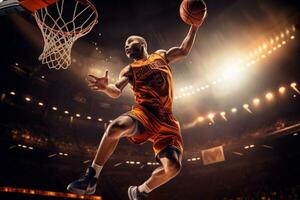 masculino basquetebol jogador jogando basquetebol dentro uma lotado interior basquetebol quadra foto