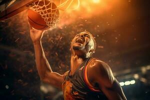 masculino basquetebol jogador jogando basquetebol dentro uma lotado interior basquetebol quadra foto