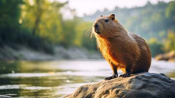 fechar-se foto do uma capivara olhando dentro seus habitat. generativo ai