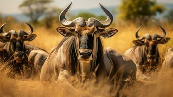 foto do uma rebanho do GNU em repouso dentro a aberto área em a savana. generativo ai