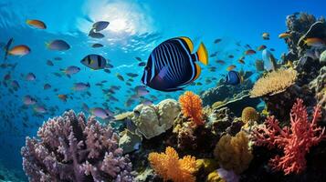 foto do peixe anjo com vários peixe entre saudável coral recifes dentro a azul oceano. generativo ai