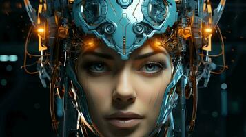 lindo cyborg robô mulher futurista alta tecnologia mistura do humano e computador. sinergia entre humanidade e artificial inteligência dentro a futuro foto