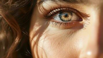 uma fechar acima do uma mulher olho com uma azul olho ai generativo foto