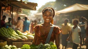 uma mulher é sorridente enquanto segurando uma cesta do legumes ai generativo foto