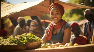 uma mulher é sorridente enquanto segurando uma cesta do legumes ai generativo foto