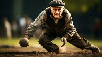 a velho homem agachado baixa para pegar uma beisebol ai generativo foto