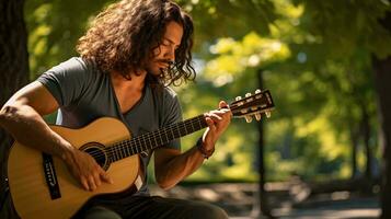 uma homem com uma chapéu e guitarra sentado de uma rio ai generativo foto