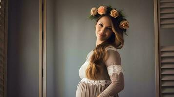 uma grávida mulher vestindo uma flor coroa ai generativo foto