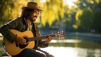 uma homem com uma chapéu e guitarra sentado de uma rio ai generativo foto