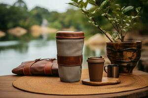 sustentável bambu café copo ao lado viagem Essenciais promovendo eco amigáveis vivo foto