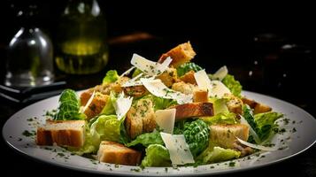 foto do clássico César salada Como uma prato dentro uma sofisticado restaurante. generativo ai