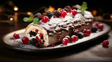 foto do buche de noel Como uma prato dentro uma sofisticado restaurante. generativo ai