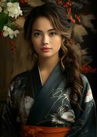lindo jovem ásia mulher dentro uma tradicional japonês traje foto