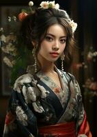 lindo jovem ásia mulher dentro uma tradicional japonês traje foto