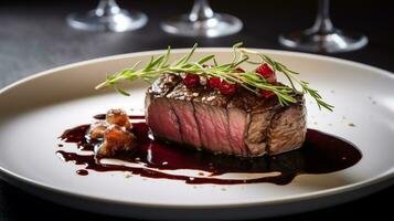 foto do carne filé mignon com vermelho vinho molho Como uma prato dentro uma sofisticado restaurante. generativo ai