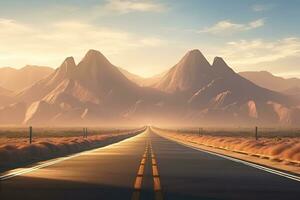 em linha reta estrada dentro a deserto com montanha pano de fundo foto