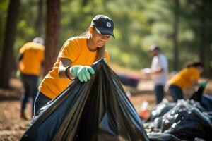 comunidade voluntários limpar \ limpo acima lixo para uma limpar \ limpo meio Ambiente foto