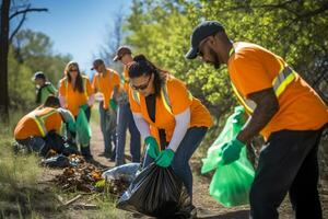 comunidade voluntários limpar \ limpo acima lixo para uma limpar \ limpo meio Ambiente foto