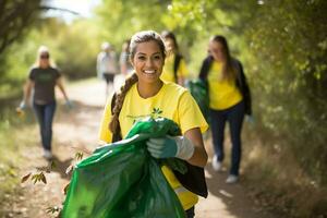 comunidade voluntários limpar \ limpo acima lixo para uma limpar \ limpo meio Ambiente foto