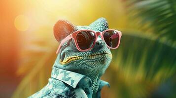 camaleão esportivo à moda oculos escuros. uma reptiliano moda declaração foto