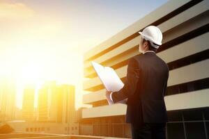 Engenharia vestindo capacete de segurança com borrado local construção construção fundo, generativo ai ilustração foto