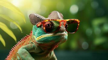 camaleão esportivo à moda oculos escuros. uma reptiliano moda declaração foto