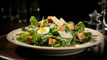 foto do clássico César salada Como uma prato dentro uma sofisticado restaurante. generativo ai