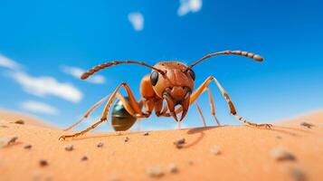 foto do uma sahara deserto formiga dentro uma deserto com azul céu. generativo ai