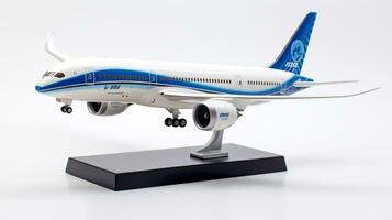 exibindo uma 3d miniatura boeing 787 delineador dos sonhos. generativo ai foto