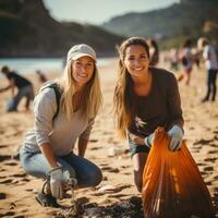 de praia limpar. voluntários coletar Lixo em uma arenoso costa foto