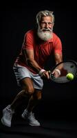 velho homem jogando tênis, raquete, bola, tribunal, enérgico posição foto