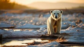 clima mudar. uma polar Urso carrinhos em uma Derretendo geleira foto