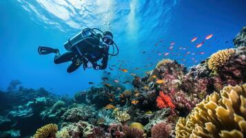 coral recife conservação. mergulhadores explorar uma colorida embaixo da agua mundo foto