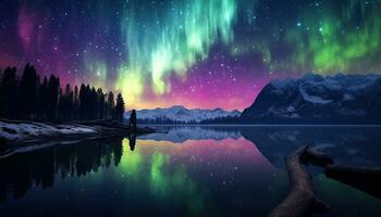 aurora boreal lago Nevado árvores montanhas. criada com generativo ai foto