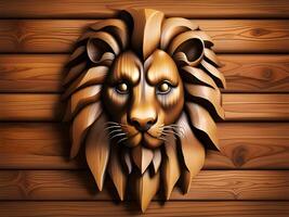 de madeira leão cabeça em de madeira parede foto
