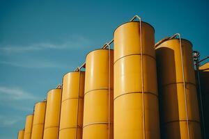 amarelo aço silos fundo e textura, metal silos para concreto misturar processo plantar. ai gerado foto