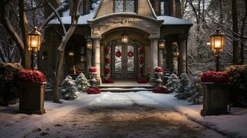 lindo Natal decorado frente porta e varanda do uma casa em uma inverno tarde. generativo ai. foto