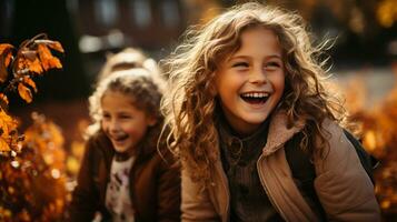 calorosamente vestido crianças rindo desfrutando a outono dia - generativo ai. foto