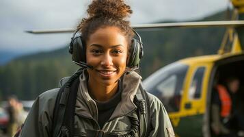 fêmea africano americano procurar e resgate helicóptero piloto em pé perto dela aeronave - generativo ai. foto