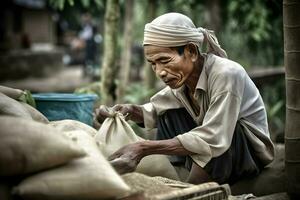 indonésio homem trabalhos Como agricultor foto