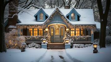 lindo Natal decorado casa em uma inverno tarde. generativo ai. foto