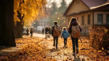 jovem crianças vestindo mochilas caminhando para escola em uma lindo outono manhã - generativo ai. foto