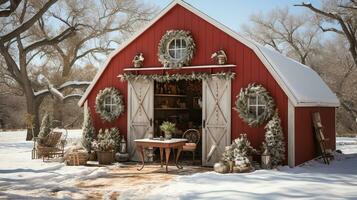 vermelho celeiro, casa ou fazer compras decorado para Natal dentro uma lindo inverno Nevado cena. generativo ai. foto