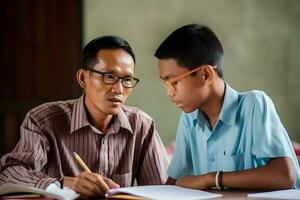 indonésio masculino professor com dele aluna foto