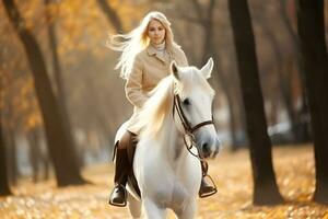 menina desfrutando a cavalo equitação dentro a campo foto