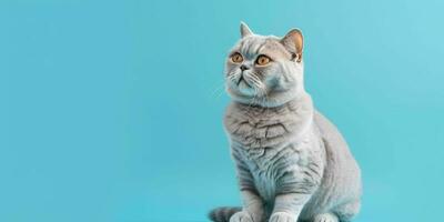 retrato do uma prata britânico cabelo curto gato isolado em azul fundo. generativo ai foto