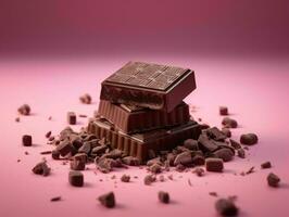 peças do chocolate isolado em Rosa fundo. delicioso chocolate bar. generativo ai foto