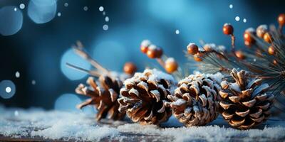 Natal Nevado inverno feriado celebração cumprimento cartão - fechar-se do oine ramo com pinho cones e neve, desfocado borrado fundo com azul céu e bokeh luzes e flocos de neve foto