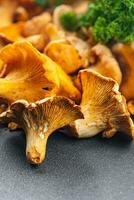 chanterelles fresco cogumelos delicioso cogumelo Aperitivo refeição Comida lanche em a mesa cópia de espaço Comida fundo rústico topo Visão ceto ou paleo dieta vegetariano vegano Comida foto